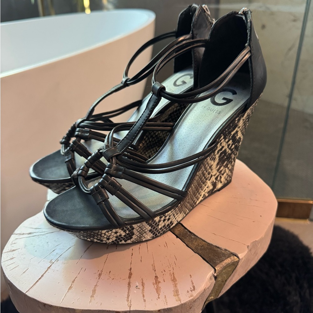 G by Guess Black and White Faux Snakeskin Wedge Sandals